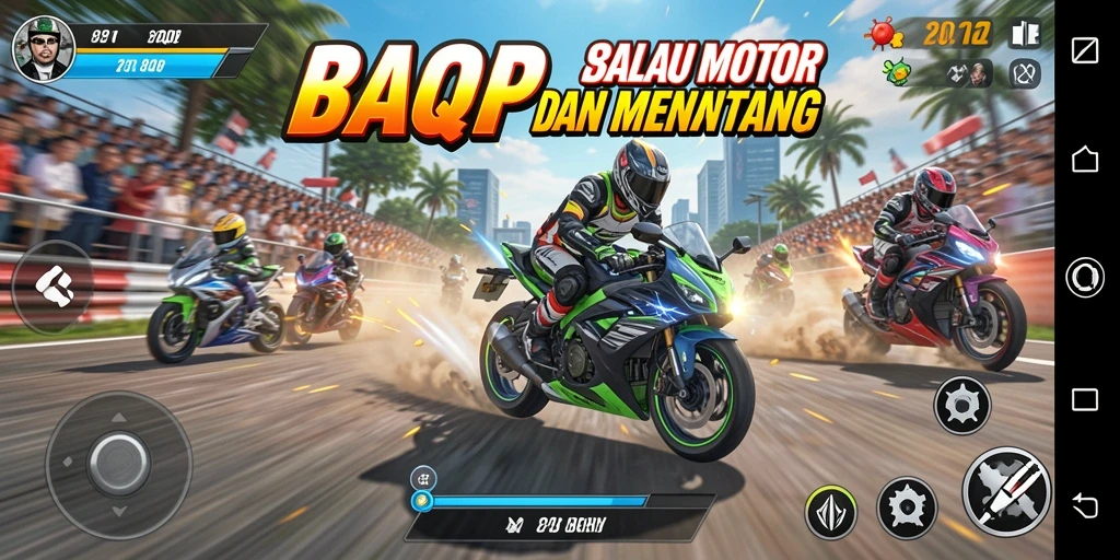 Screenshot gameplay 8QR menampilkan aksi balap motor yang mendebarkan.