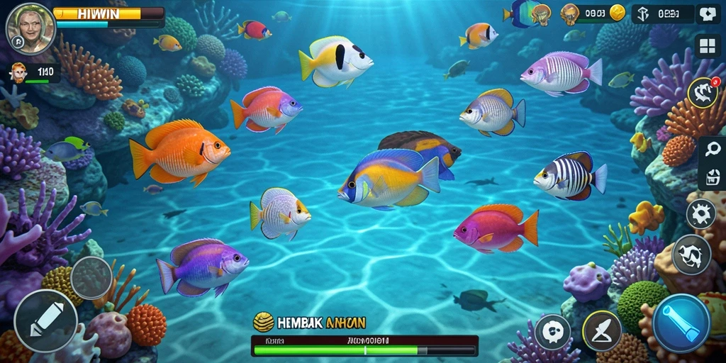 Screenshot HIWIN menampilkan aksi seru dalam berburu ikan.