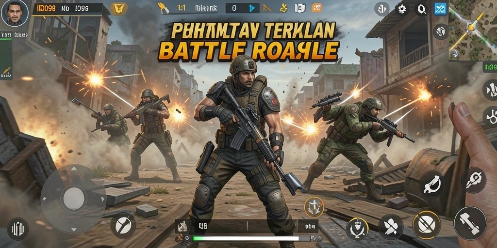 Screenshot utama ID098 menampilkan momen intens dalam pertempuran Battle Royale.