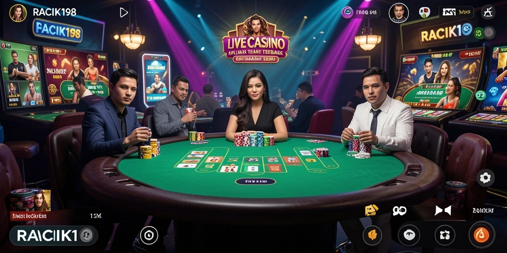 Screenshot gameplay RACIK198 menunjukkan dealer live yang profesional dan permainan yang seru.